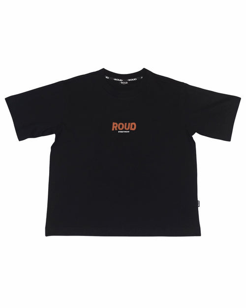 Black t-shirt with 'ROUD' logo on a white background