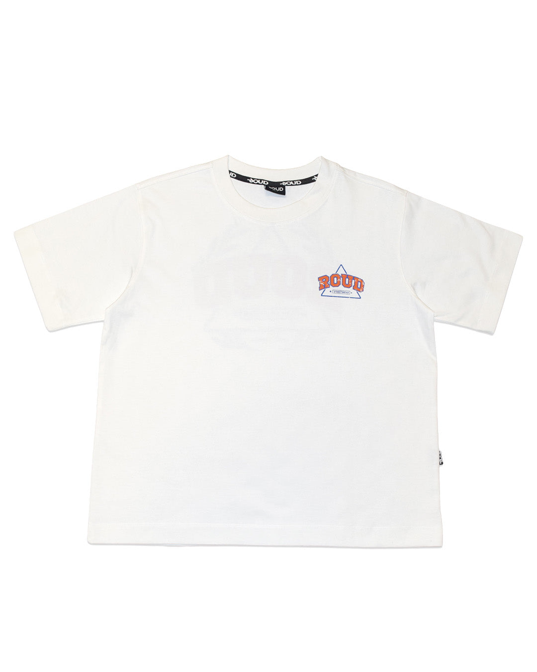 White t-shirt with a red and black logo on a white background